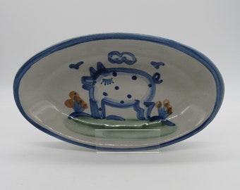 Vintage M.A. Hadley Stoneware Pottery 9" Oval Relish Dish Spotted Pig Pattern from Blue Country Series