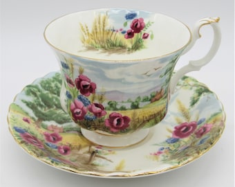Royal Albert Bone China England Country Scenes Harvest Song Footed Teacup and Saucer, Vintage Royal Albert China