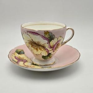 1950s EB Foley English Bone China Pink Hibiscus Teacup and Saucer 2979