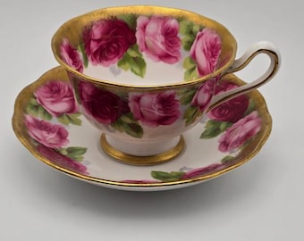 Vintage Royal Albert Old English Rose Teetasse und Untertasse mit schwerem gebürstetem Goldrand