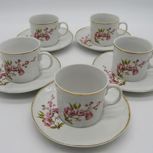 ARPO Romania Porcelain Flat Demitasse Cup and Saucer Set of 5, Vintage Pink White Floral with Gold Rim, APO4 ARPO Porcelain Pattern