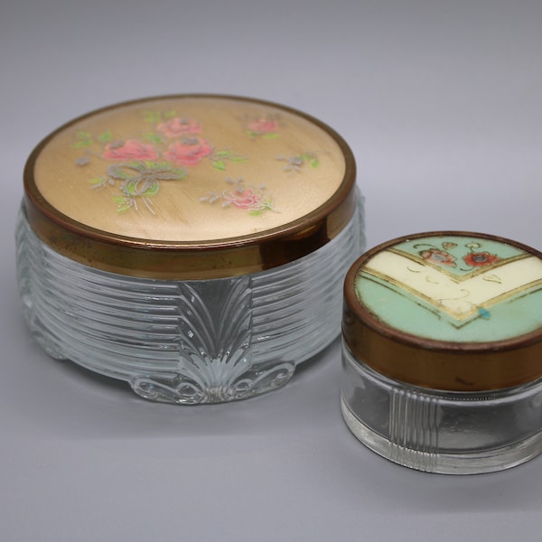 Vintage Pair of Pressed Glass Vanity Powder Jars Circa 1940s