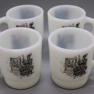 Vintage Anchor Hocking Fire King Milk Glass Coffee Mugs &quot;Wood Cook Stove&quot; Design Set of 4