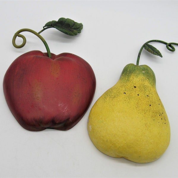 Vintage Kitschy Chalk Ware Fruit Wall Hangings, Chalkware Apple and Pear Kitchen Wall Art