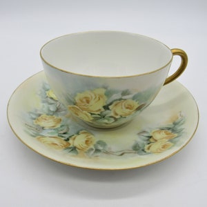 Xícara de chá e pires de porcelana Limoges da Haviland França antiga, xícara de chá e pires de porcelana Limoges pintados à mão por Haviland