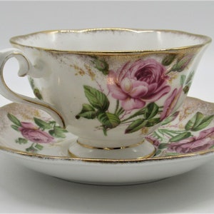 Vintage Royal Albert Bone China Teacup and Saucer with Pink Cabbage Rose Pattern and Heavy Brushed Gold, Made in England