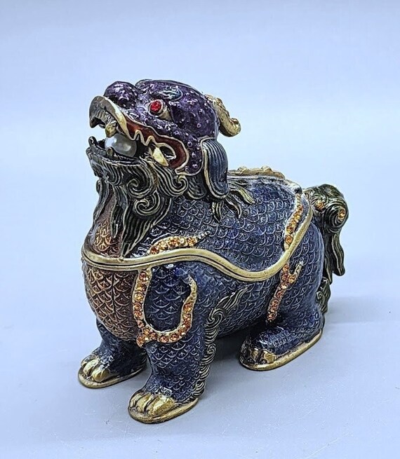 Bejewled Good Luck Foo Dog Enameled Metal Trinket 