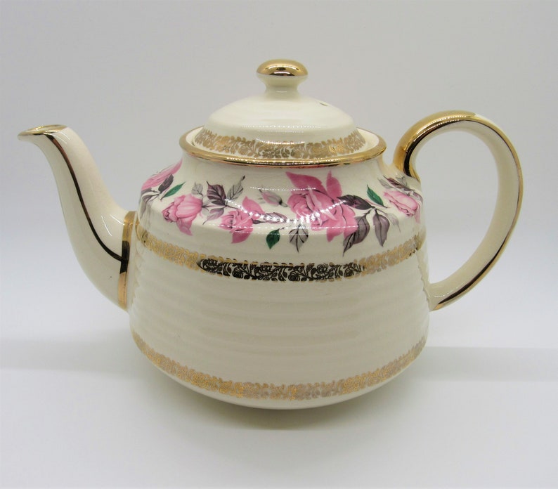 Vintage 1940's Sadler England Porcelain Teapot 3526, Mid Century Cream, Gold and Pink Rose