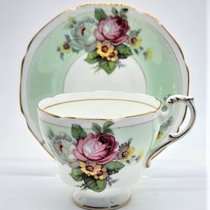 Vintage Paragon Double Warrant Teacup and Saucer, Pale Green Celadon, Floral Pattern and Gold Trim, Hard to Find Paragon China Pattern