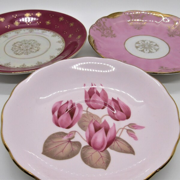 Pretty in Pink Collection of Three Mismatched China Saucers in Various Shades of Pink, Tea Party Plates, Trinket Dishes