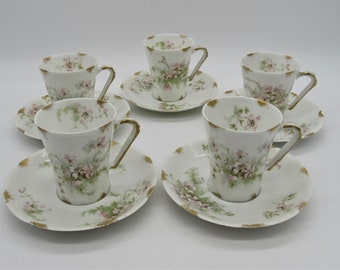 Antique Theodore Haviland Limoges France Set of 5 Chocolate Cups & Saucers Schleiger 146
