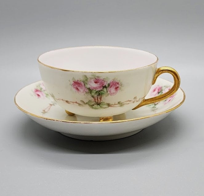 Antique Oscar and Edgar Gutherz Royal Austria Porcelain Teacup and Saucer,  O & E.G. Royal Austria Hand Painted China