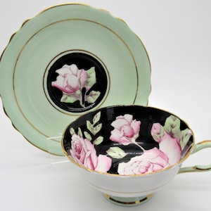 Vintage Paragon English Fine Bone China Tea Cup and Saucer Double Warrant Pattern Mint Green, White, Black & Large Pink Cabbage Roses