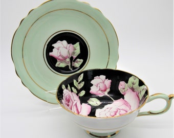 Vintage Paragon English Fine Bone China Tea Cup and Saucer Double Warrant Pattern Mint Green, White, Black & Large Pink Cabbage Roses