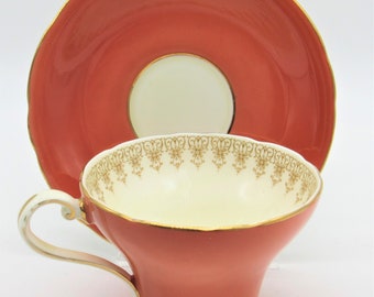 Vtg Aynsley English Bone China Tea Cup and Saucer in Orange and Gold, Burnt Orange Colored Aynsley Tea Set