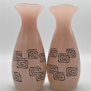 MCM Pair of Pink & Black Bud Vases, Pink and Black Atomic Era Ruffled Vases, Pink over Clear Vases Black Geometric Design, Space Race Decor