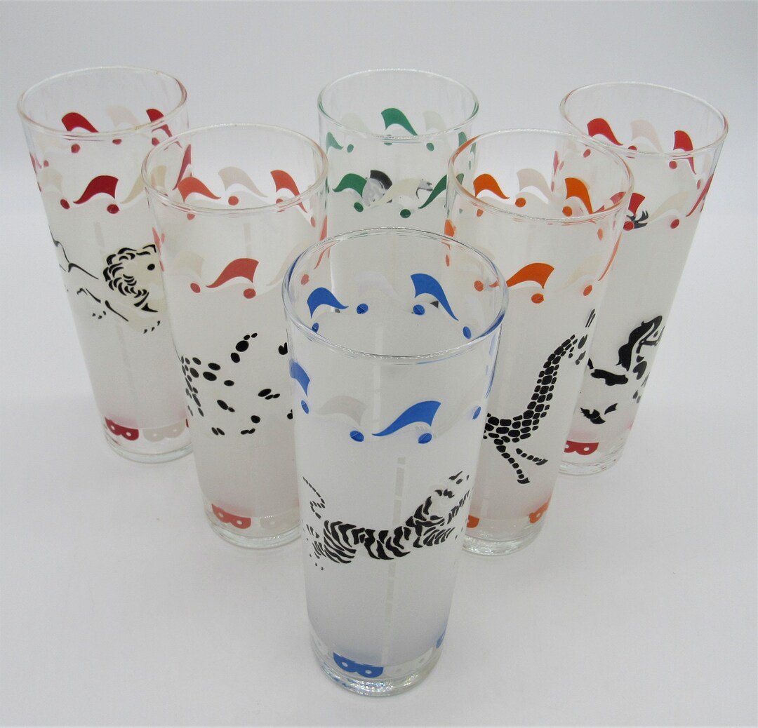 Vintage Libbey Frosted Merry Go Round Cooler, Iced Tea, Collins Glasses