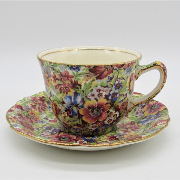 Vintage Royal Winton Grimwades Made in England Sunshine 4930 Chintz Teacup and Saucer, Royal Winton "Sunshine" Teacup & Saucer, Mid Century