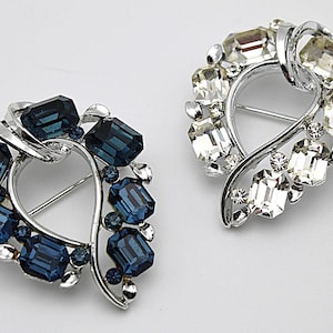 Vintage Signed Lisner Silver Toned Rhinestone Estate Brooch, Clear and Blue