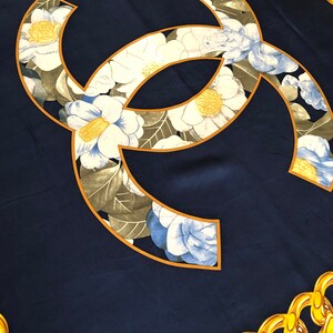 Vintage Chanel Silk Scarf Floral Blue Scarf Neck Scarf Head 