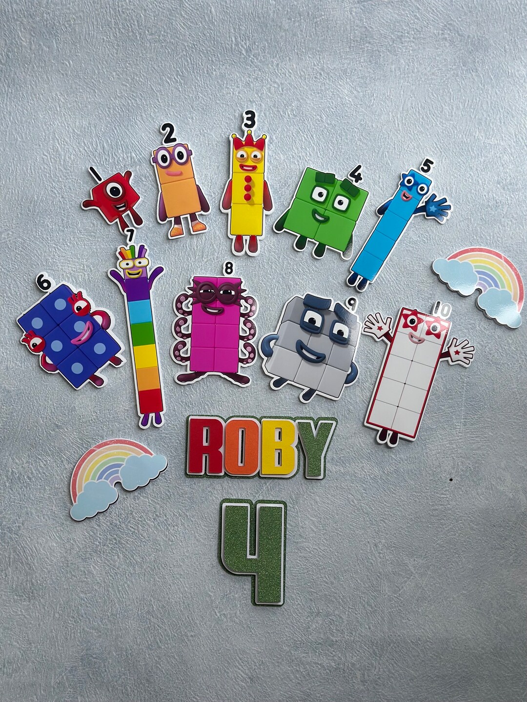 Personalised Numeric Blocks Rainbow Cake Topper Set, Charm Set ...