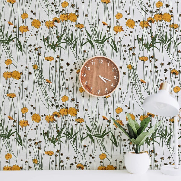 Yellow Wallpaper Peel and Stick Wallpaper Floral Large Scale Mural Floral Wall Decor Wallpaper Floral Custom Wallpaper Botanical Wallpaper