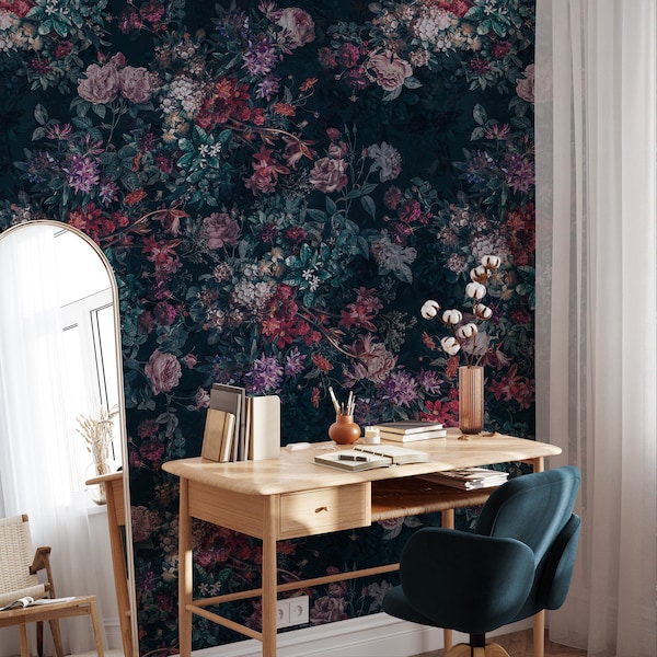 Dark Floral Wallpaper Peel and Stick Botanical Wall Mural Black Wallpaper Vintage Floral Wallpaper Dark Floral