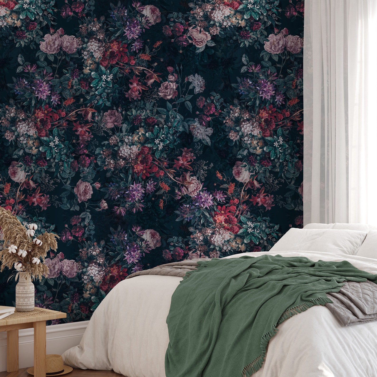 Dark Floral Wallpaper Peel and Stick Botanical Wall Mural - Etsy