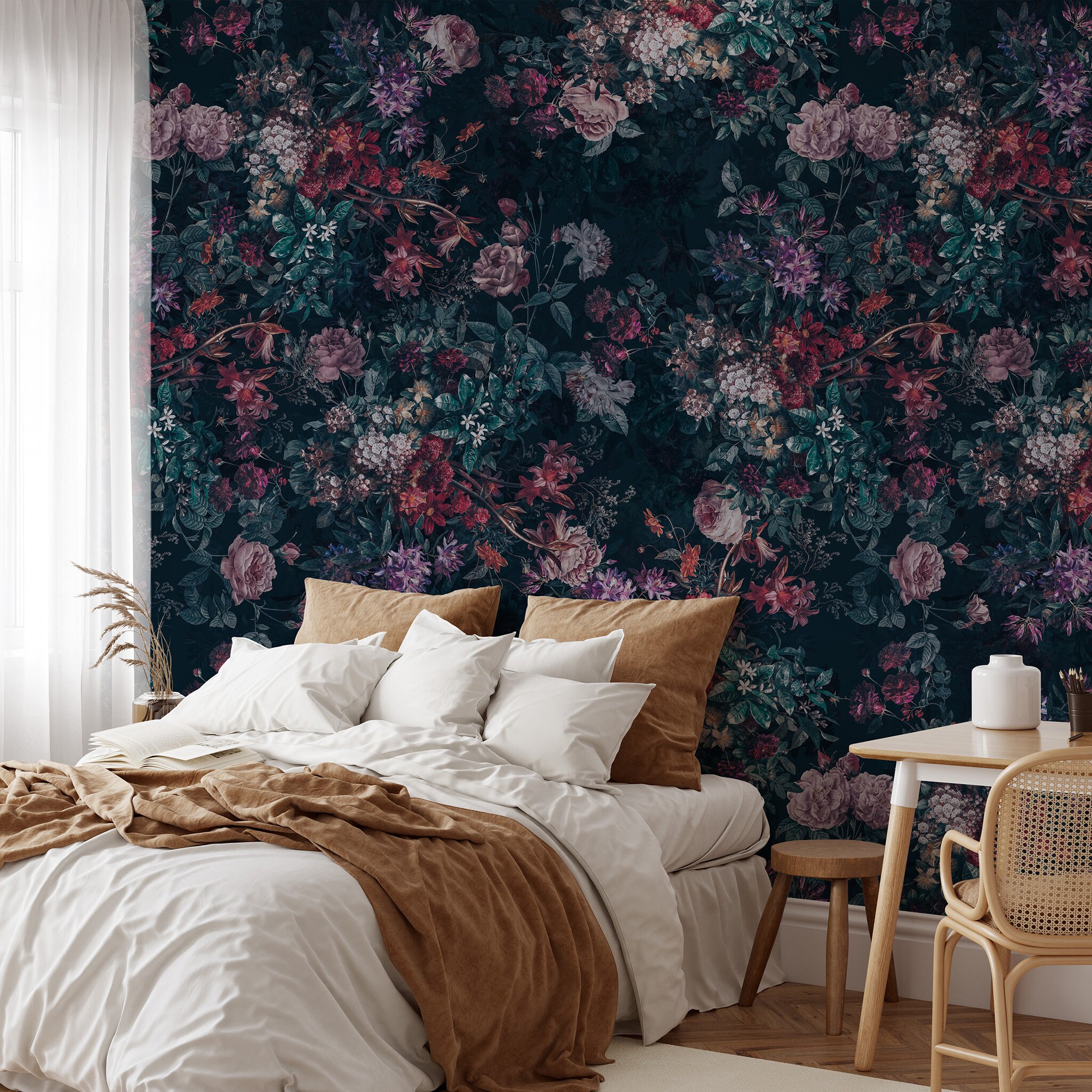 Dark Floral Wallpaper Peel and Stick Botanical Wall Mural Etsy