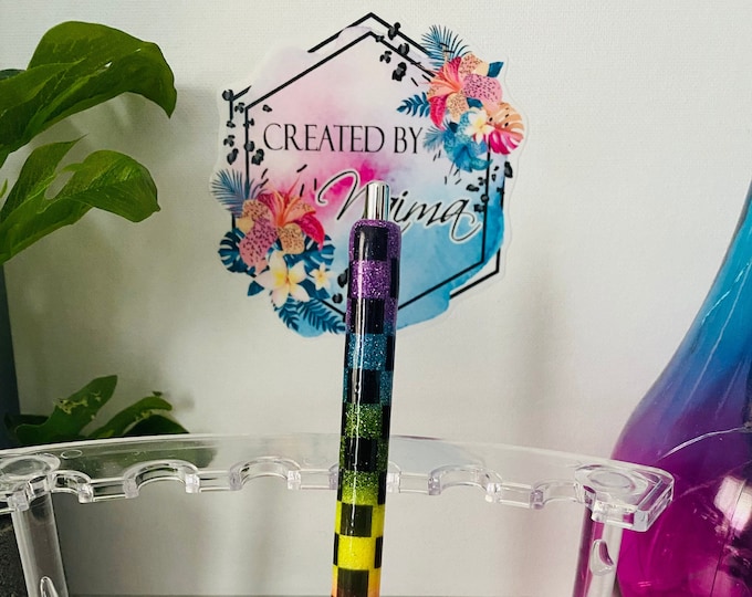 Refillable Rainbow Checkered Glitter Epoxy Gel Pen