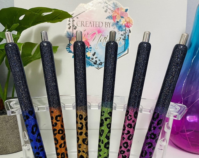 Refillable Cheetah/Leopard Print Holographic Glitter Ombre Epoxy Pen | Gel Pens | Office Supplies | Gifts | School Supplies | Pen Wraps