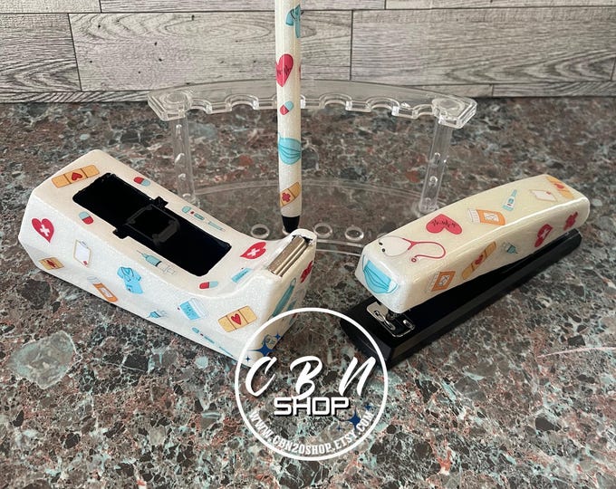 Nursing Glitter Epoxy Stapler, Tape Dispenser & Gel Pen