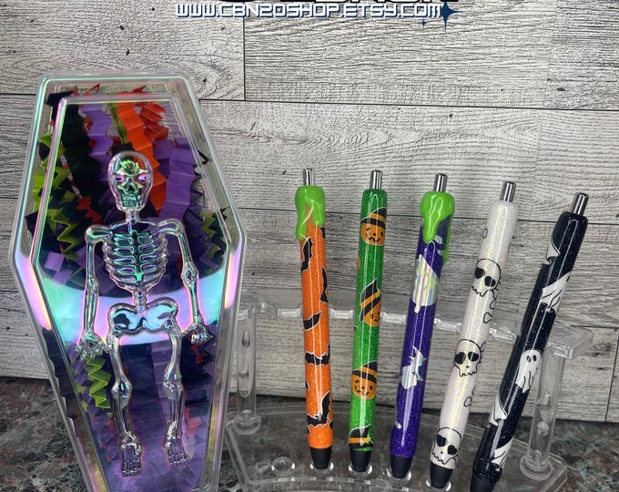 Set of 5 Halloween Glitter Gel Pens With Holographic Skeleton Coffin