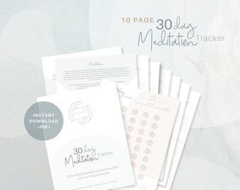 May include: A printable 30-day meditation tracker with a light pink and gray color scheme. The tracker includes 10 pages with a design featuring a wave and the text "Moonstone Collective". The text "Discover the Power of Meditation" is at the bottom of the page.