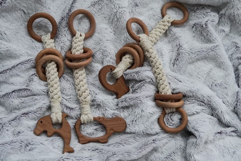 Macrame and Wood Baby Rattle Montessori Style Baby Toy Etsy