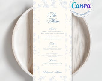 Modernes Blumenhochzeitsmenü, Creme & Blaue Blume | Bearbeitbare Canva-Vorlage (Digitaler Download)