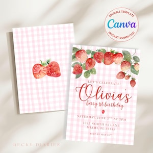 Berry First Birthday Invitation, Strawberry Theme Girl 1st Birthday Invite | Editable Canva Template