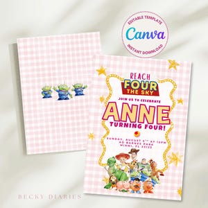 Inbjudan till Toy Story 4-årsdag, "Nå fyra stjärnorna", rosa festinbjudan | Redigerbar Canvas-mall