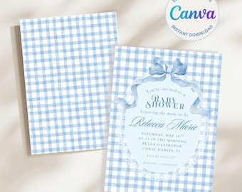 Baby Blue Gingham Baby Shower Invitation, Bow Accent Invite | Editable Canva Template (5x7")