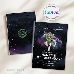 May include: A black invitation card with a space theme, featuring Buzz Lightyear and the text "Calling All Space Rangers!" The card is for Henry's 8th birthday, with the date, time, and address. The back of the card has a space design and the phrase "To Infinity and Beyond."