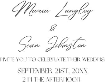 May include: Wedding invitation with a mountain range and forest illustration. The invitation reads "Together with their families, Maria Langley & Sean Johnston invite you to celebrate their wedding, September 21st, 20XX, 2 in the afternoon, Wedding Venue, State. Reception at Venue to follow."