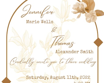 May include: A wedding invitation with a floral design in shades of brown and beige. The invitation reads "Jennifer Marie Wells & Thomas Alexander Smith cordially invite you to their wedding Saturday, August 11th, 2022 1:00 PM Hotel Name Town, State Dinner and dancing to follow"