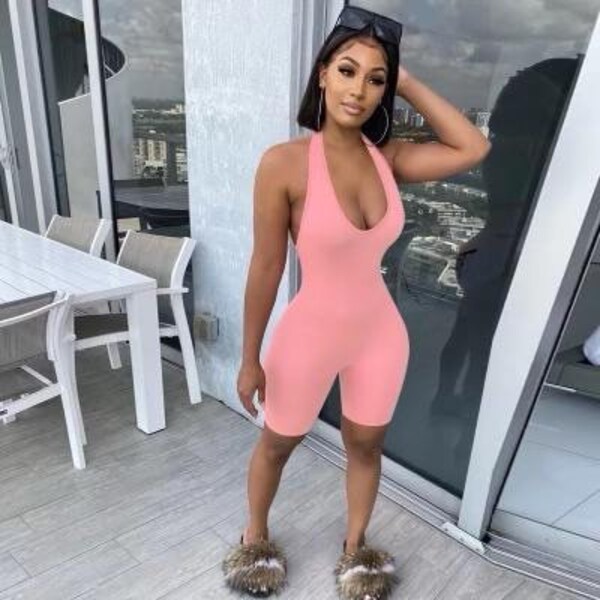 Pink Halter Neck Backless Romper