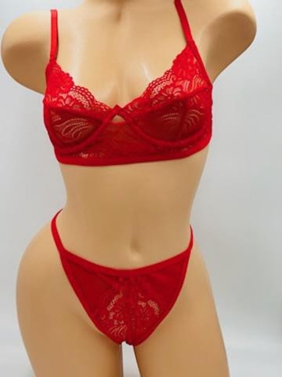 Red Lace 2 Piece Bra & Thong Lingerie Set -  Canada