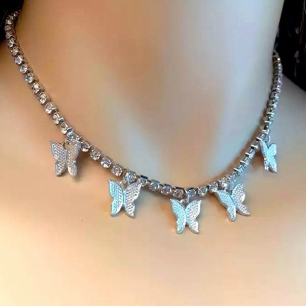 Silver Rhinestone Butterfly Choker