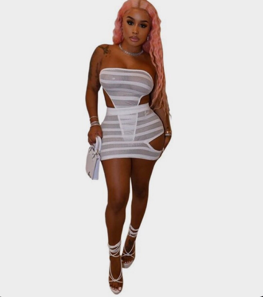 White Mesh off Shoulder Bodysuit Skirt Set Etsy