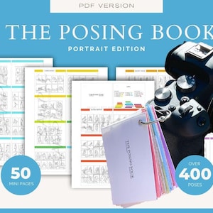 Pode incluir: Um guia digital intitulado THE POSING BOOK PORTRAIT EDITION com 50 mini páginas e mais de 400 poses. O conjunto inclui folhas imprimíveis com desenhos de linhas de várias poses humanas e um pequeno livreto de argolas, ao lado de uma câmera preta.