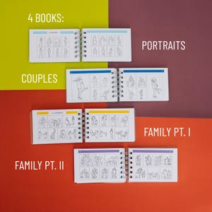 May include: Four small, spiral-bound books with black and white illustrations of couples, families, and people standing. The books are titled "Couples", "2+ Parents", "Family Pt. I", and "Portraits".