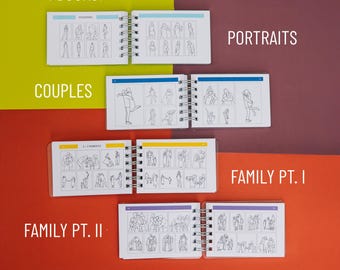 May include: Four small, spiral-bound books with black and white illustrations of couples, families, and people standing. The books are titled "Couples", "2+ Parents", "Family Pt. I", and "Portraits".