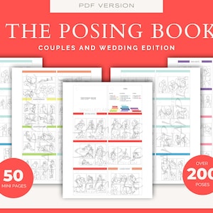 May include: The Posing Book: Couples and Wedding Edition. The image shows several open pages with line drawings of couples in various poses. The book cover is red with white text. The book contains over 200 poses and 50 mini pages.